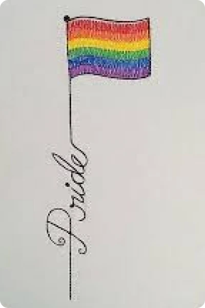 Stoma bag in white with the word Pride written to form a flag pole with the pride flag above